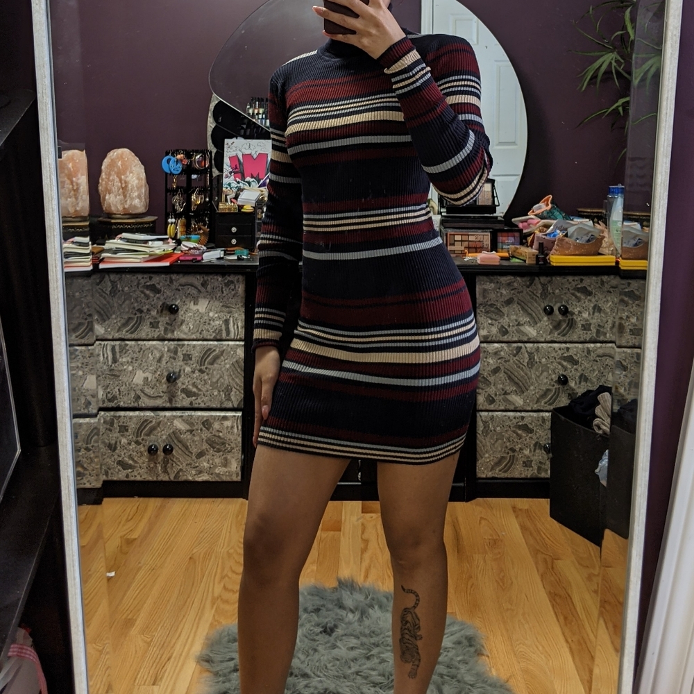 Striped Knit Turtleneck Sweater Dress
